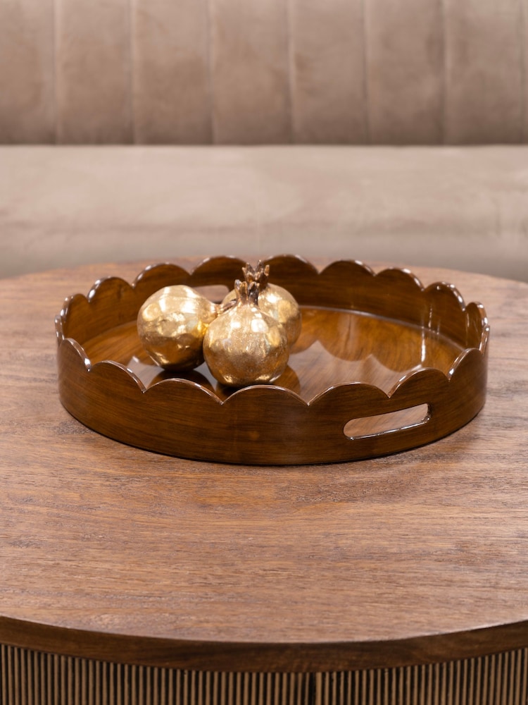Libra Interiors Maple Lacquer Round Tray with Scallop Edge - Image 1 of 5 Libra Interiors Maple Lacquer Round Tray with Scallop Edge - Image 1 of 5
