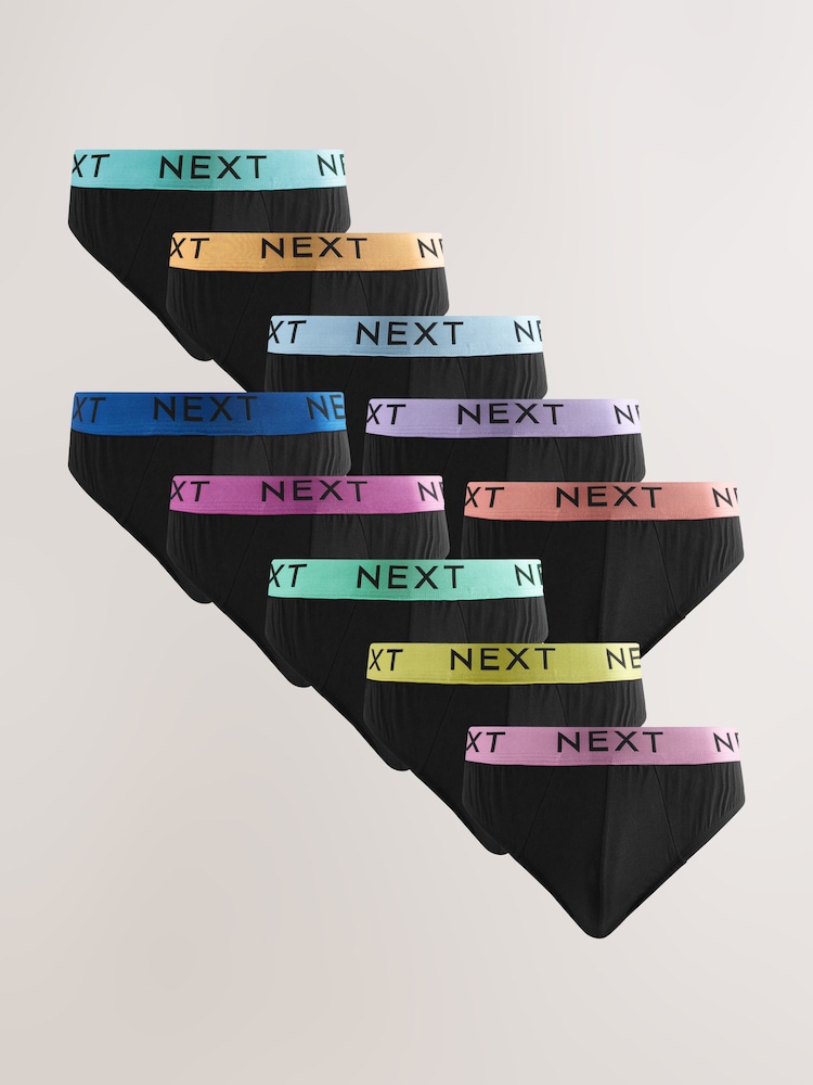 Black Bright Waistband 10 pack Cotton Rich Briefs - Image 1 of 14