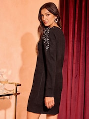 Negru Multi - Love & Roses Cozy Guler rotund Knitted Rochie - Image 4 of 4
