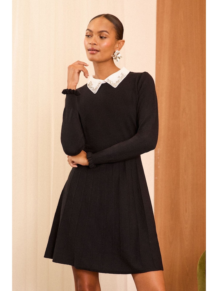 Love & Roses Black Petite Fine Gauge Collared Knitted Dress - Image 1 of 4 Love & Roses Black Petite Fine Gauge Collared Knitted Dress - Image 1 of 4