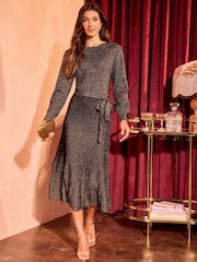 Love & Roses Black Gold Crew Neck Knitted Midi Dress - Image 1 of 4