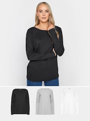 Long Tall Sally Grey 100% Cotton Long Sleeve Scoop Neck T-Shirts 3 Pack - Image 1 of 7