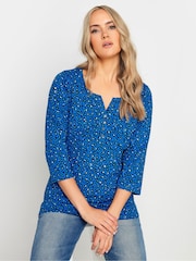 Albastru - Long Tall Sally Imprimeu animal 3/4 Sleeve Pintuck Henleys 100% Bumbac Top - Imaginea 1 din 5