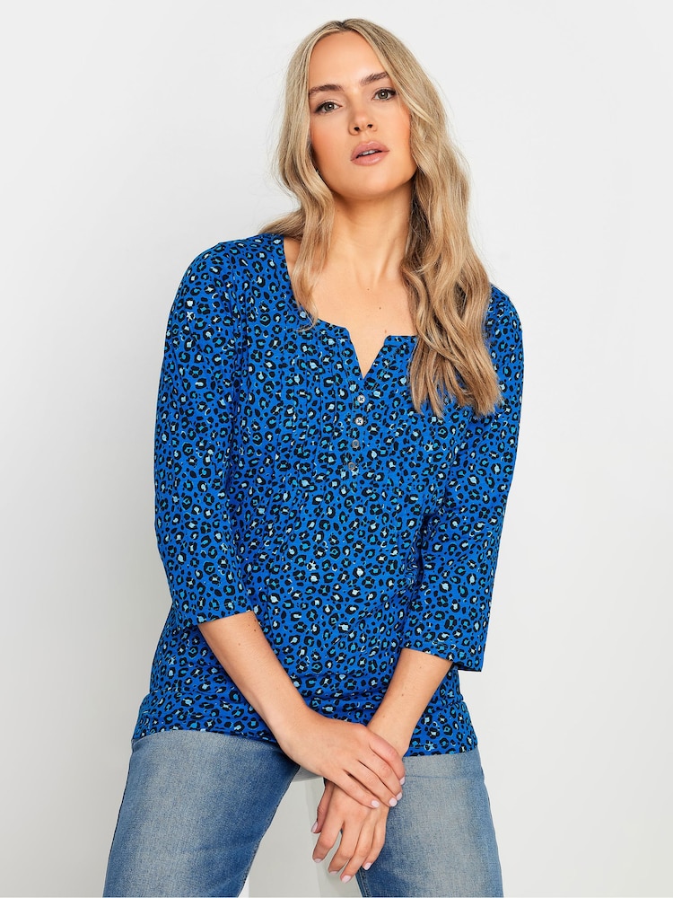 Albastru - Long Tall Sally Imprimeu animal 3/4 Sleeve Pintuck Henleys 100% Bumbac Top - Imaginea 1 din 5