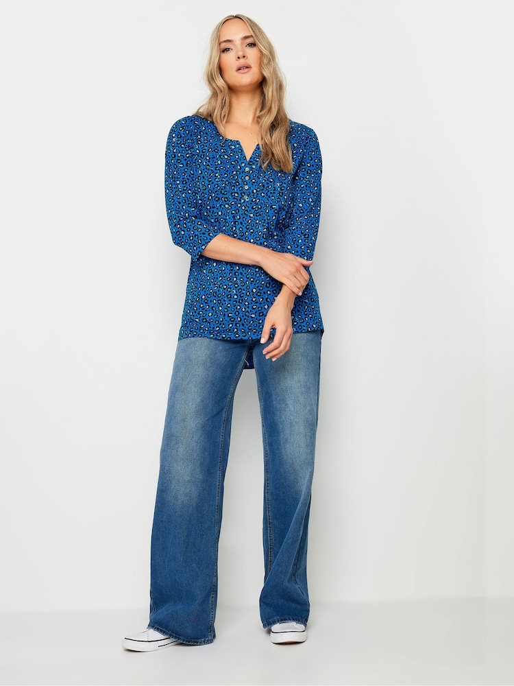 Albastru - Long Tall Sally Imprimeu animal 3/4 Sleeve Pintuck Henleys 100% Bumbac Top - Imaginea 2 din 5
