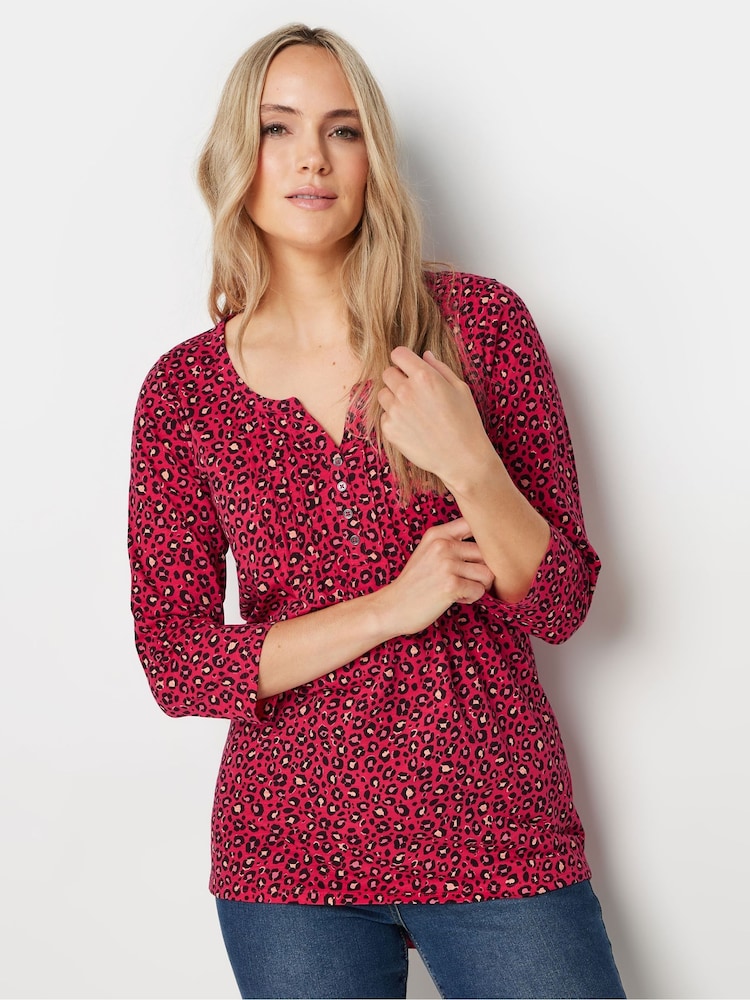 Long Tall Sally Pink Animal Print 3/4 Sleeve Pintuck Henley 100% Cotton Top - Image 3 of 5
