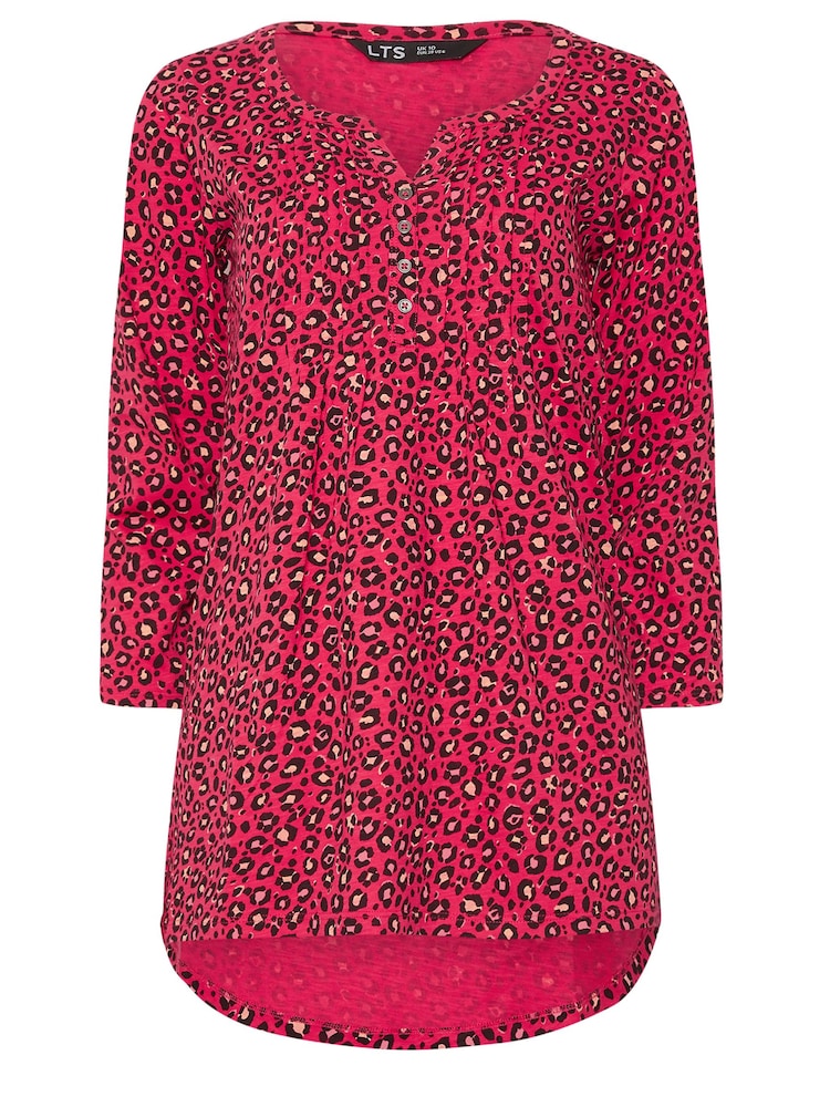 Long Tall Sally Pink Animal Print 3/4 Sleeve Pintuck Henley 100% Cotton Top - Image 5 of 5