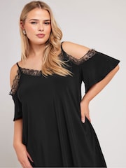 Yours Curve Black Lace Cold Shoulder Swing Top - Image 1 of 5