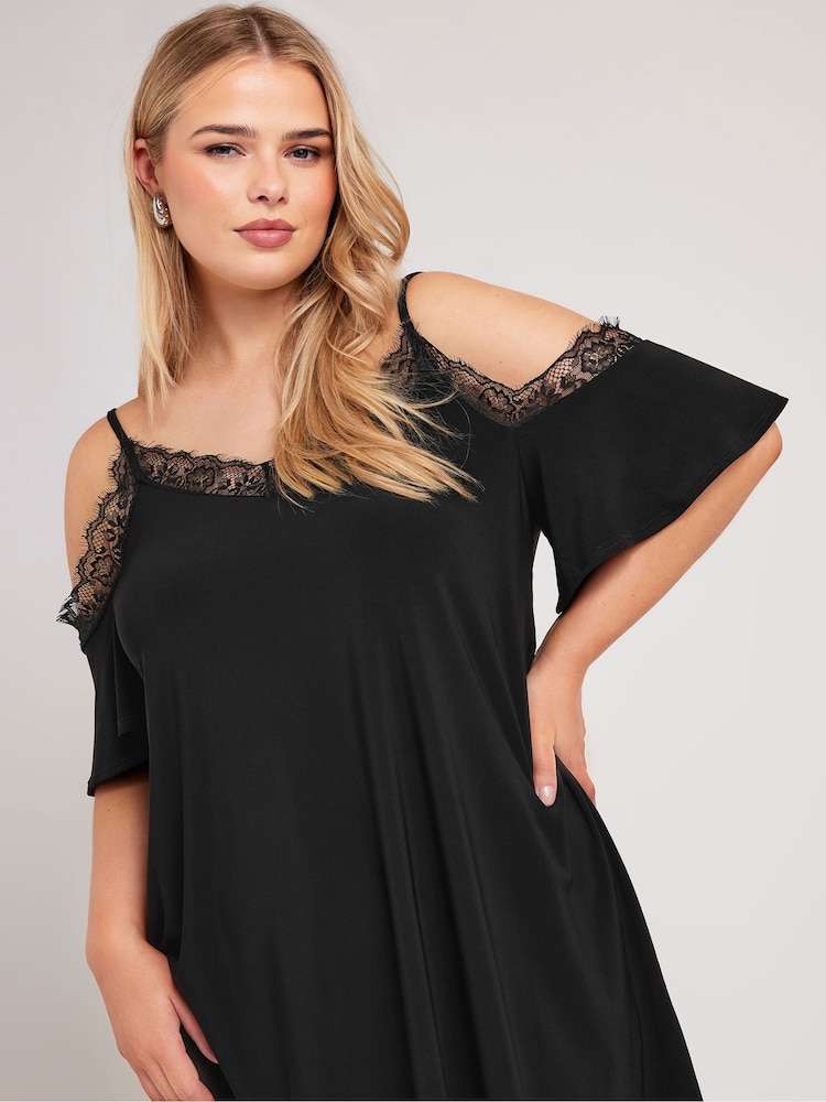 Yours Curve Black Lace Cold Shoulder Swing Top - Image 1 of 5