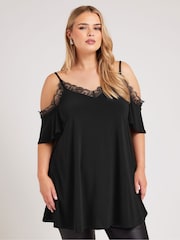 Yours Curve Black Lace Cold Shoulder Swing Top - Image 2 of 5