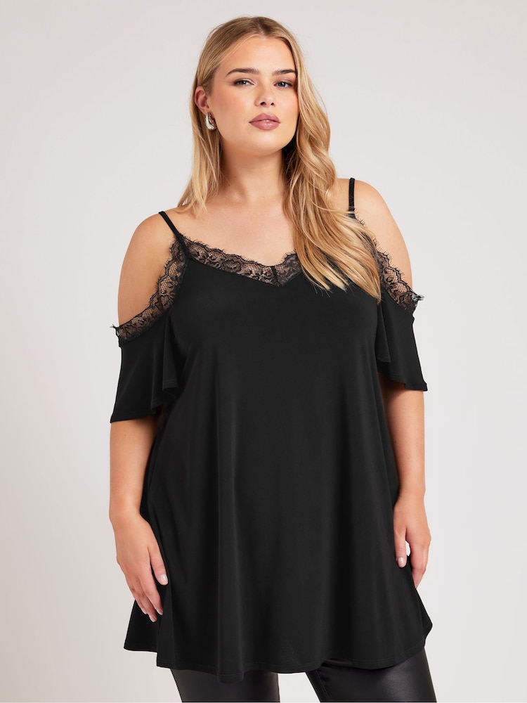 Yours Curve Black Lace Cold Shoulder Swing Top - Image 2 of 5