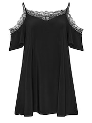 Yours Curve Black Lace Cold Shoulder Swing Top - Image 5 of 5