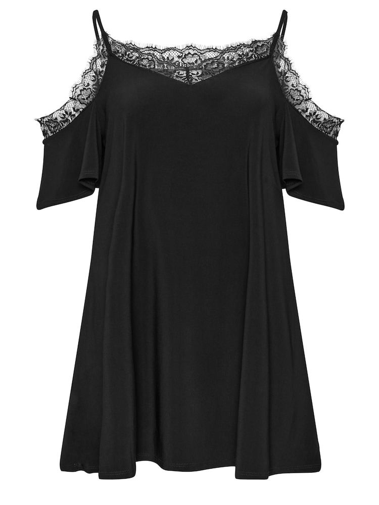 Yours Curve Black Lace Cold Shoulder Swing Top - Image 5 of 5