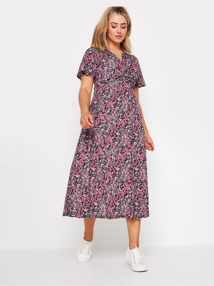 M&Co Pink Floral Print Twist Front Short Sleeve Dress - Image 1 of 5