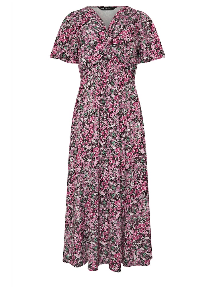 M&Co Pink Floral Print Twist Front Short Sleeve Dress - Image 5 of 5