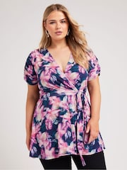 Yours Curve Pink London Tropical Wrap Top - Image 1 of 5