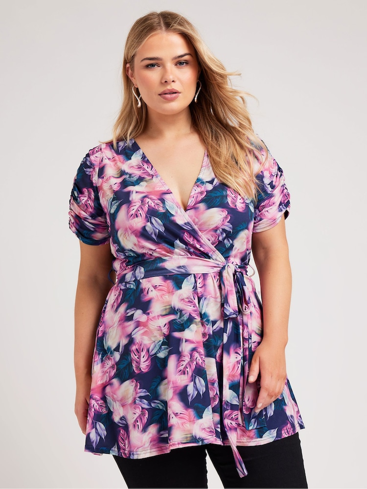 Yours Curve Pink London Tropical Wrap Top - Image 1 of 5