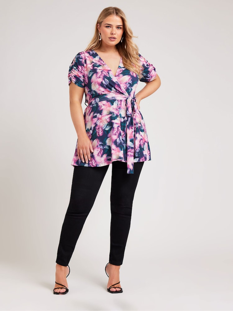 Yours Curve Pink London Tropical Wrap Top - Image 2 of 5