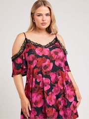 Yours Curve Pink/Black Lace Cold Shoulder Swing Top - Image 1 of 5