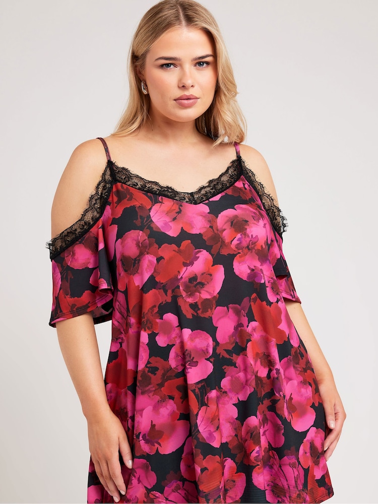 Yours Curve Pink/Black Lace Cold Shoulder Swing Top - Image 1 of 5