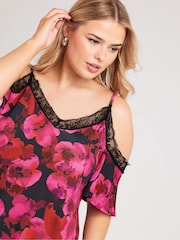 Yours Curve Pink/Black Lace Cold Shoulder Swing Top - Image 2 of 5