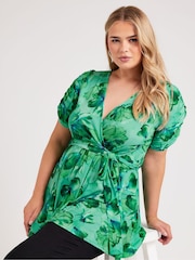 Yours Curve Green London Tropical Wrap Top - Image 1 of 5
