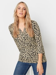 Long Tall Sally Natural Animal Print 3/4 Sleeve Pintuck Henley 100% Cotton Top - Image 1 of 5