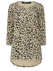 Long Tall Sally Natural Animal Print 3/4 Sleeve Pintuck Henley 100% Cotton Top - Image 5 of 5