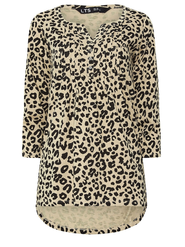 Long Tall Sally Natural Animal Print 3/4 Sleeve Pintuck Henley 100% Cotton Top - Image 5 of 5