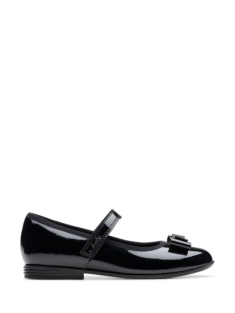 Clarks Black Patent Wide Fit (G) Finja Tap Mary Jane Bow Leather Shoes - Image 1 of 7
