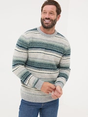 FatFace Calder Dark Teal Stripe Knitted Jumper - Image 1 of 5