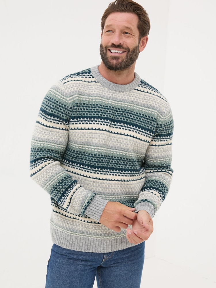 FatFace Calder Dark Teal Stripe Knitted Jumper - Image 1 of 5