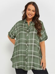 Yours Curve Green Short Sleeve Check Shirt - Image 1 of 5
