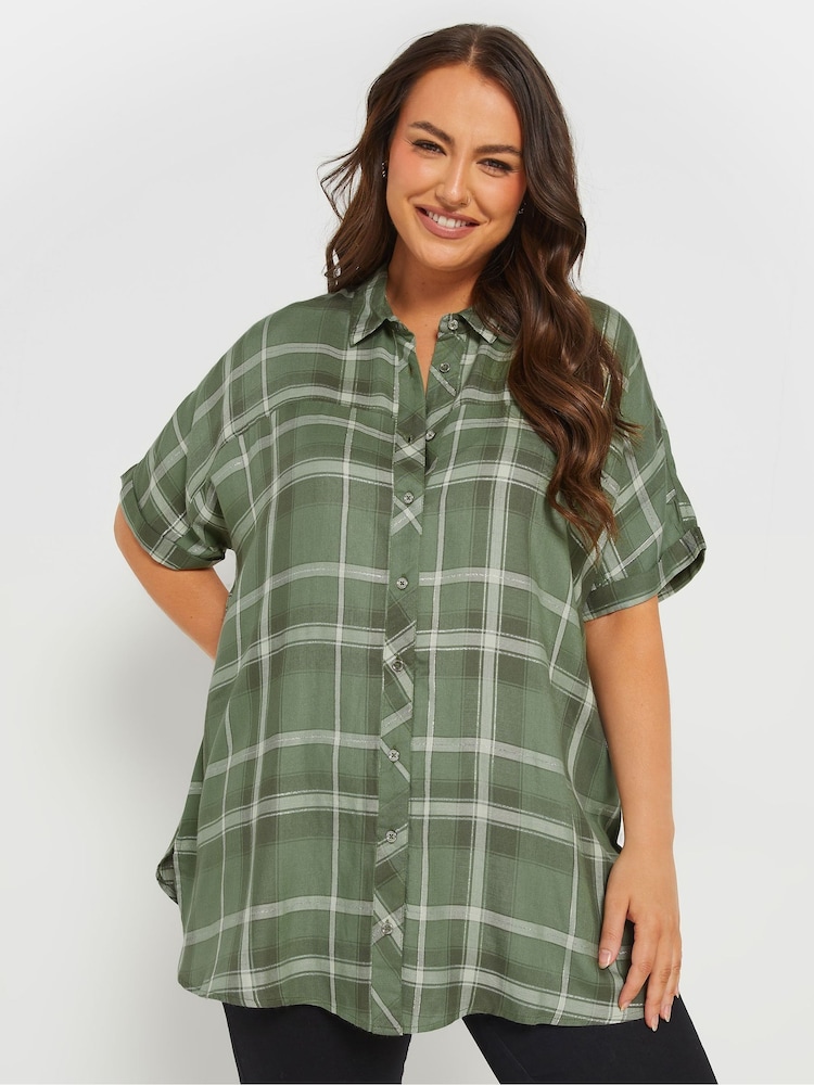 Yours Curve Green Short Sleeve Check Shirt - Image 1 of 5
