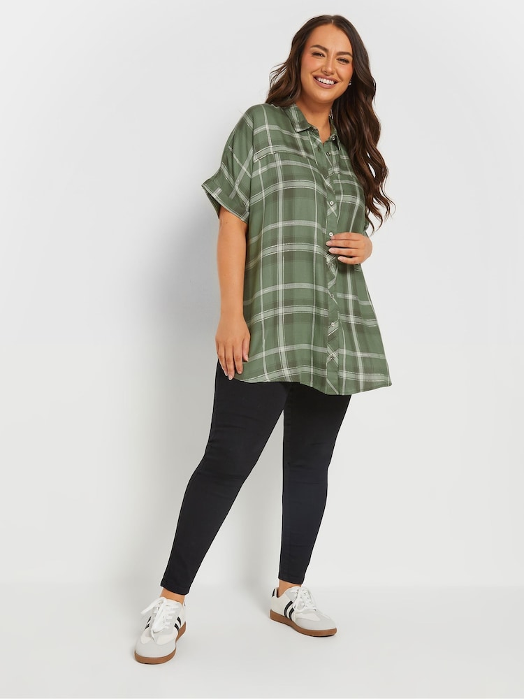 Yours Curve Green Short Sleeve Check Shirt - Image 2 of 5