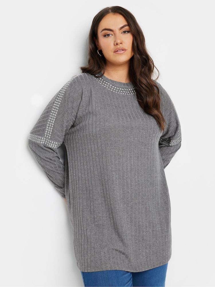 Yours Curve Grey Studded Neckline Embellished Jumper - Image 2 of 5