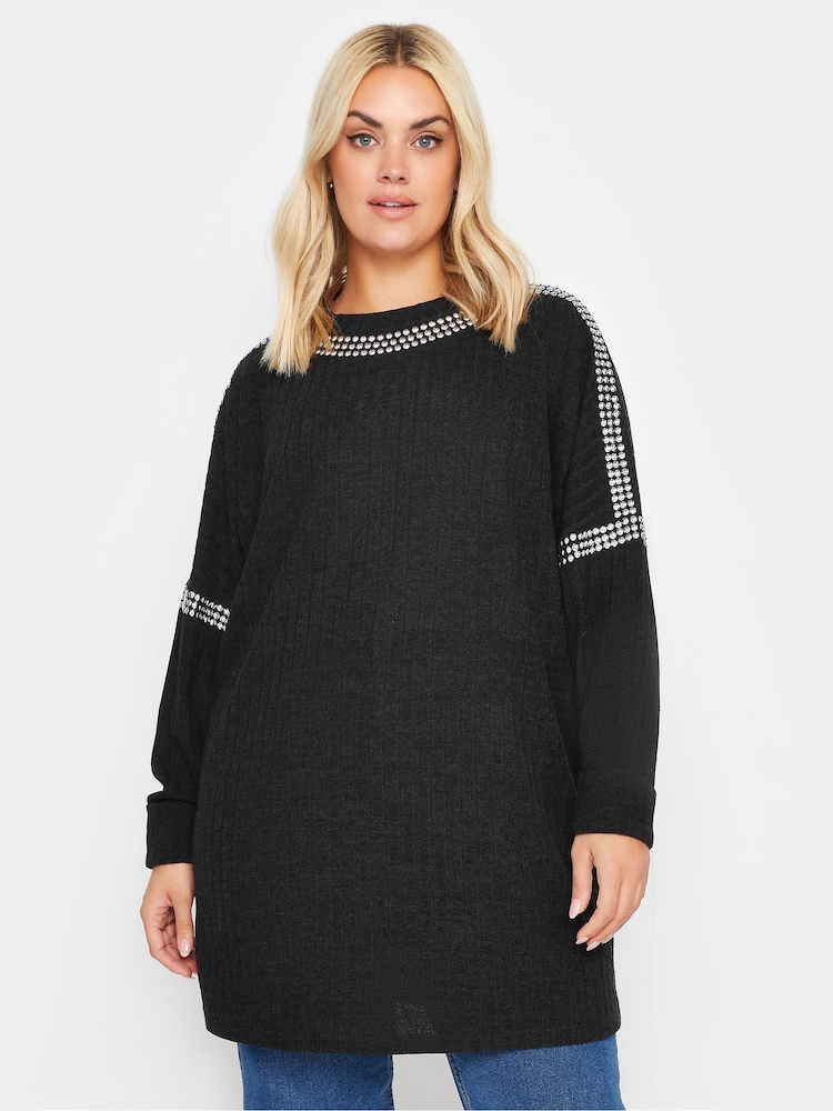 Yours Curve Black Studded Neckline Embellished Jumper - Image 1 of 4