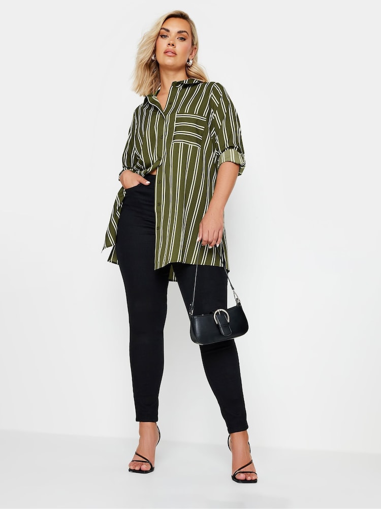 Yours Curve Green Boyfriend Stripe Shirt - Image 2 of 4