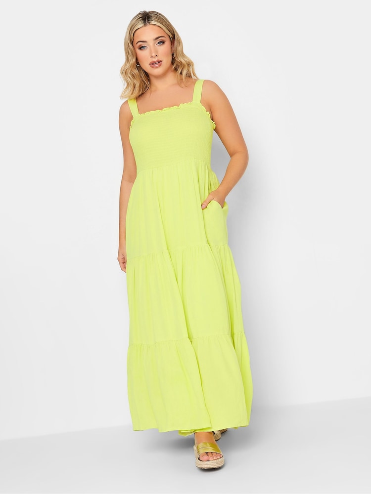 Yours Curve Green Shirred Strappy Tiered Dress - Image 1 of 4