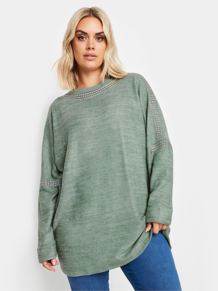 Зеленый - Yours Curve Soft Touch Studded Batwing Sleeve Jumper - Image 1 of 5