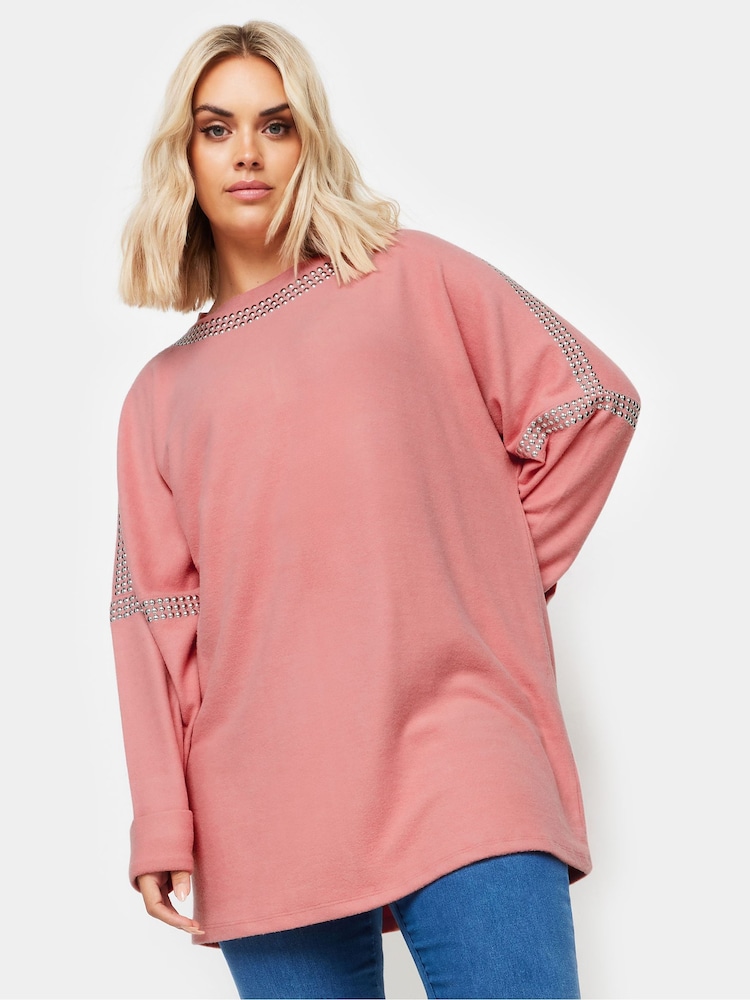 Розовый - Yours Curve Soft Touch Studded Batwing Sleeve Jumper - Image 4 of 4
