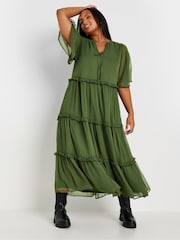Yours Curve Green Chiffon Tiered Dress - Image 1 of 5
