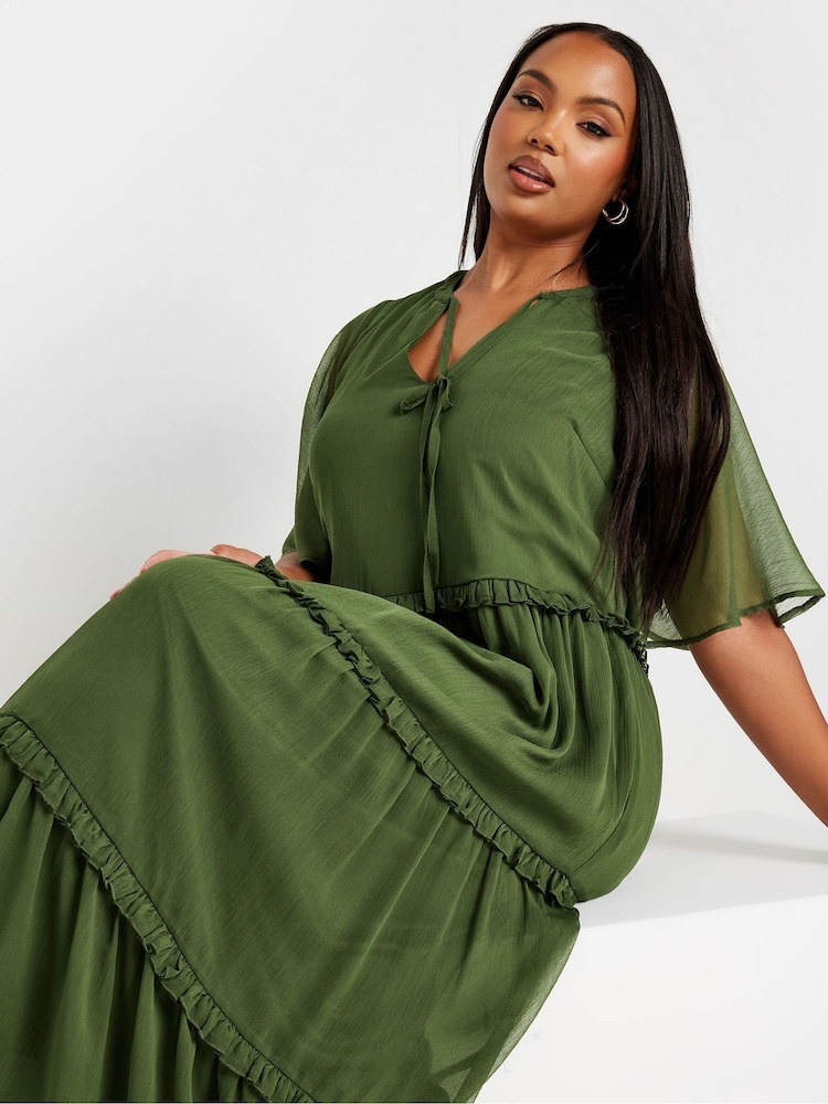 Yours Curve Green Chiffon Tiered Dress - Image 2 of 5