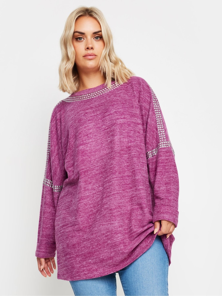 Yours Curve Purple Soft Touch Studded Batwing Sleeve Jumper - Image 1 of 5