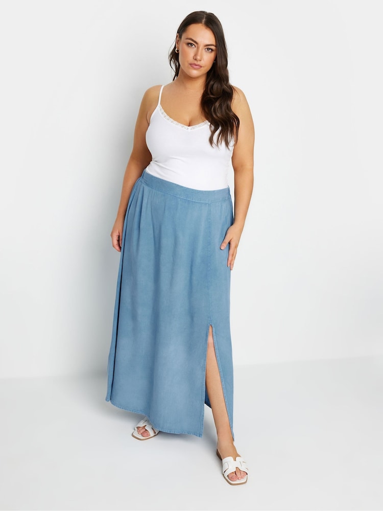 Yours Curve Blue Side Split Chambray Skirt - Image 1 of 6