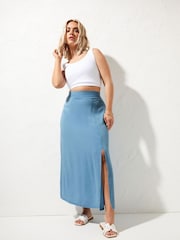 Yours Curve Blue Side Split Chambray Skirt - Image 2 of 6