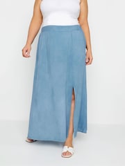 Yours Curve Blue Side Split Chambray Skirt - Image 3 of 6