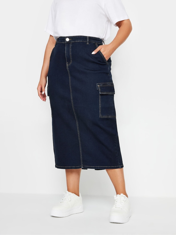 Yours Curve Blue Midaxi Cargo Pocket Stretch Denim Skirt - Image 1 of 5