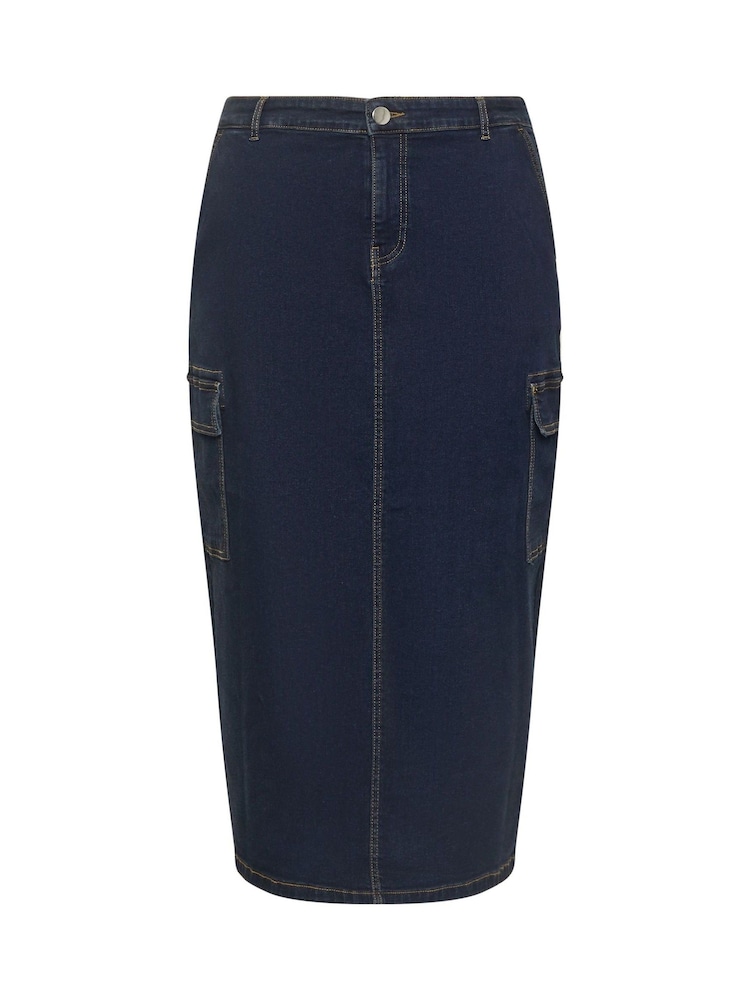 Yours Curve Blue Midaxi Cargo Pocket Stretch Denim Skirt - Image 5 of 5