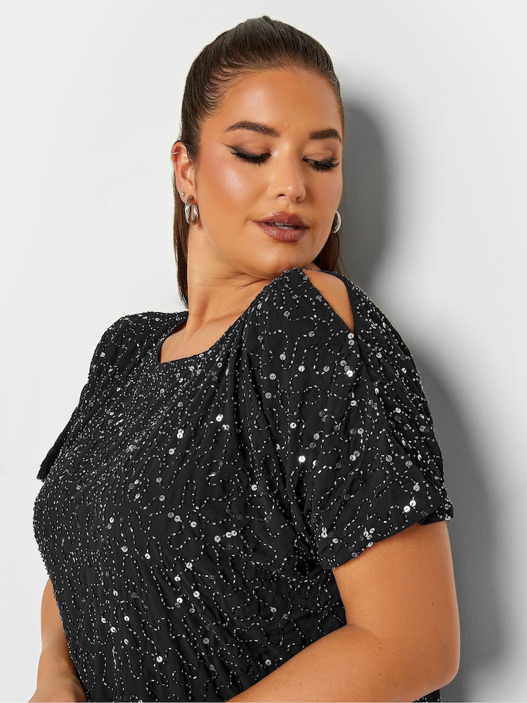 Yours Curve Luxe Sequin Hand Embellished Cold Shoulder Cape Dress - Image 6 of 6